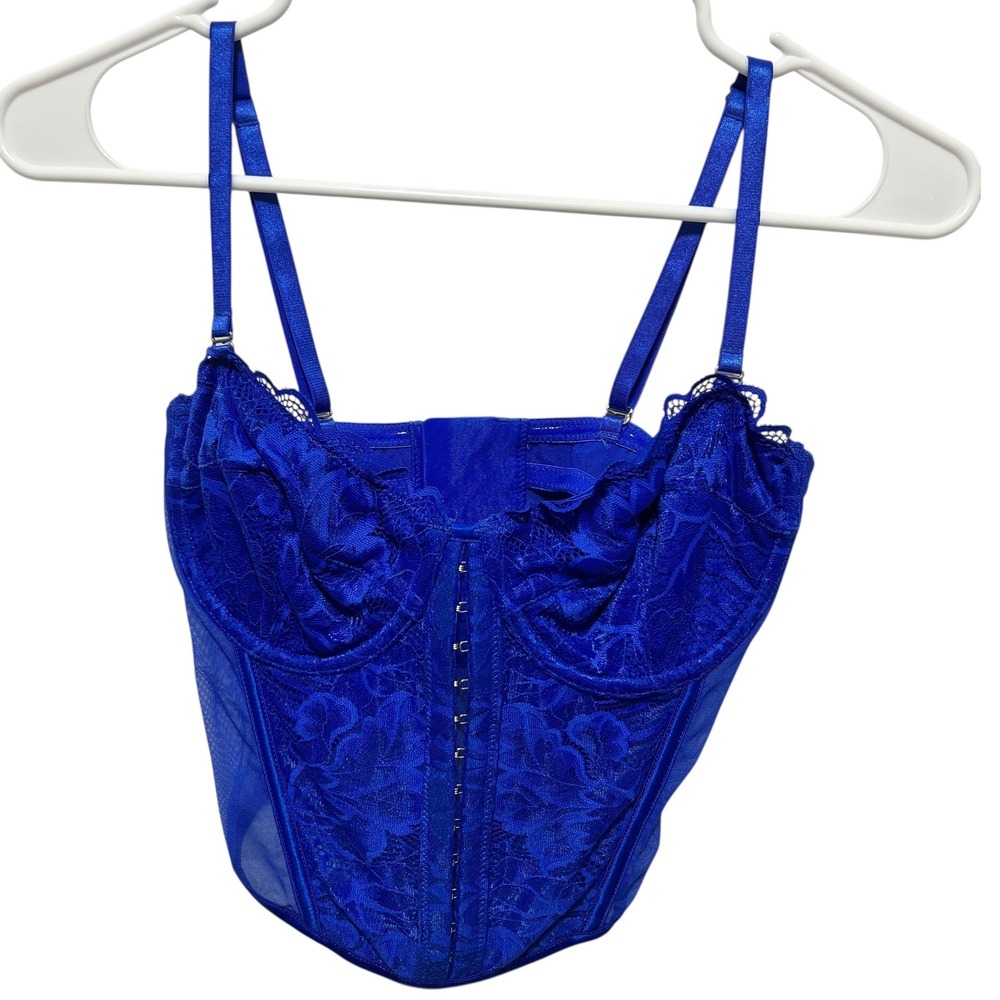 Primark Women Lace Bustier Corset 32D Blue Underwire Top Coquette PinUp Romantic